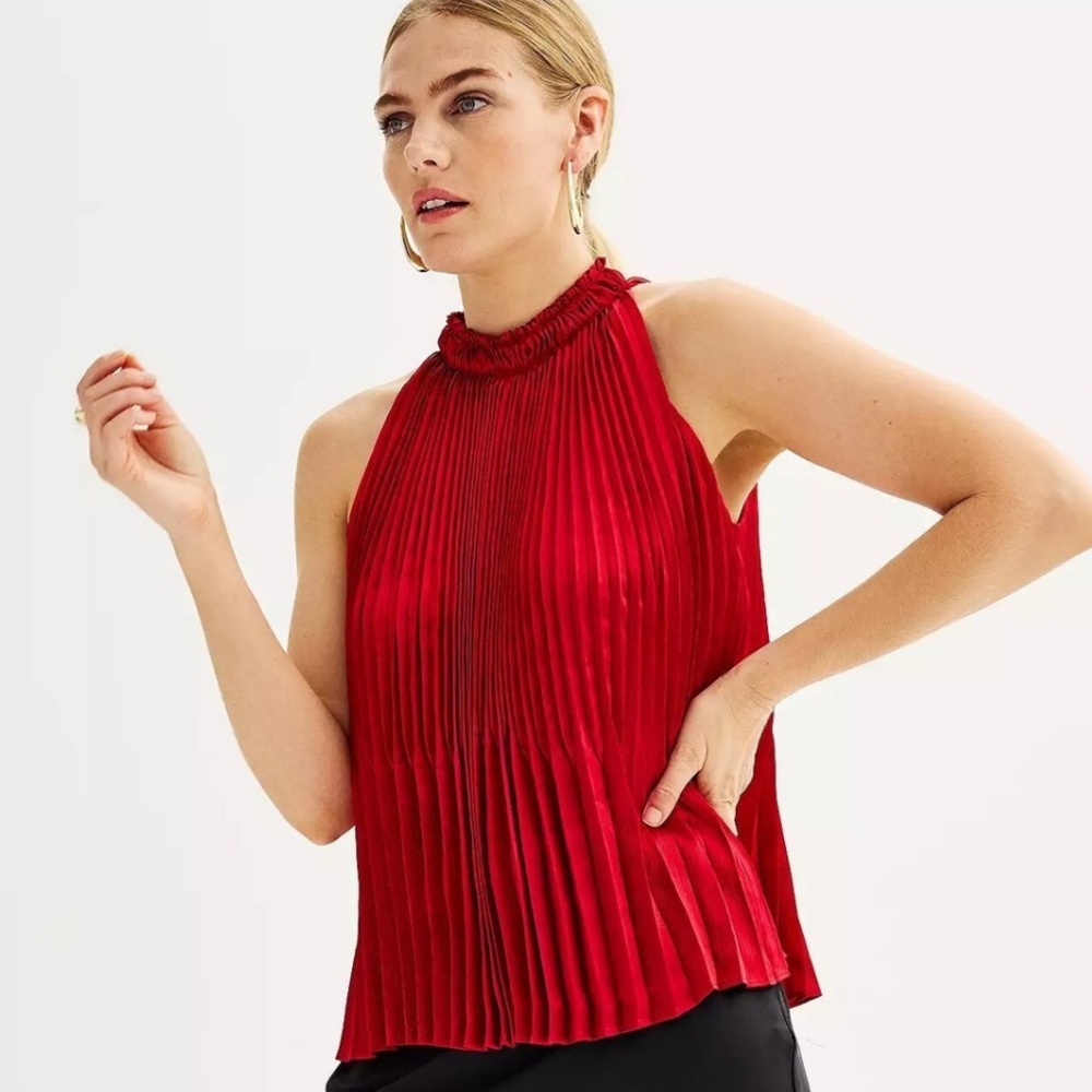 Nine West Pleated Mock Neck Top Sleeveless Red Blouse Medium Party Casual Boho⁠